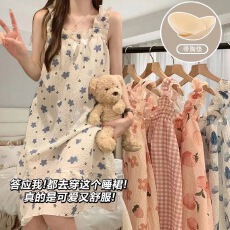 批发<b class='q'>睡裙</b>女新款夏季外穿带可拆卸胸垫中长裙小蓝花
