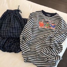 批发仿棉 格纹<b class='q'>小熊</b>睡衣女26秋季新款条纹长袖长裤家居服套装