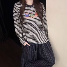 批发仿棉 格纹<b class='q'>小熊</b>睡衣女26秋季新款条纹长袖长裤家居服套装