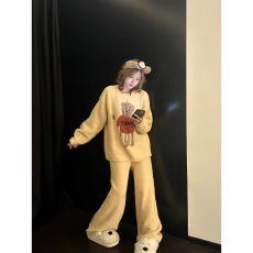 批发日系卡通半边绒睡衣女秋冬季新款可爱<b class='q'>小熊</b>大码加厚保暖家居服套装