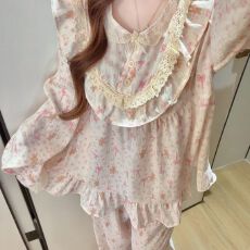 批发宫廷风蕾丝花边氛围感睡衣女春秋长袖甜美<b class='q'>碎花</b>小熊薄款少女