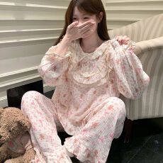 批发宫廷风蕾丝花边氛围感睡衣女春秋长袖甜美<b class='q'>碎花</b>小熊薄款少女