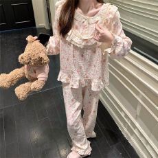 批发宫廷风蕾丝花边氛围感睡衣女春秋长袖甜美<b class='q'>碎花</b>小熊薄款少女