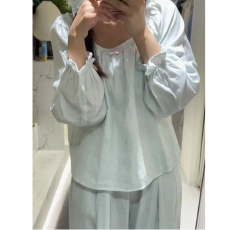批发【云朵棉】<b class='q'>睡衣</b>女海盐蓝波点带胸垫长袖长裤套装