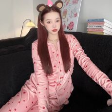 批发甜美星星印花海岛绒<b class='q'>睡衣</b>秋冬双面加厚保暖绒开衫套