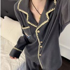 批发秋冬长袖刺绣帽子小狗德绒<b class='q'>睡衣</b>女韩系卡通贝壳花边开衫套装