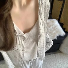 批发春秋带胸垫吊带长袖三件套睡衣女纯欲波点云朵棉<b class='q'>开衫</b>套装