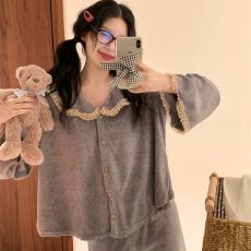 批发240g加厚德绒韩版ins灰色<b class='q'>睡衣</b>女秋冬季可爱蕾丝娃娃领套装