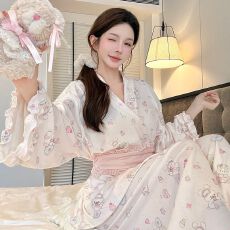 批发日系卡哇伊冬季加厚海岛绒<b class='q'>睡衣</b>女甜美和服绑带花边保暖套装