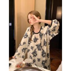 批发仿棉 肌理感水墨印花长袖睡<b class='q'>裙</b>女宽松舒适可外穿家居服