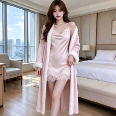 批发秋冬睡衣女性感冰丝吊带睡袍加海岛绒外袍套装高级感轻奢风家居服