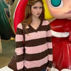 批发天猫优选 美式复古<b class='q'>条纹</b>针织衫女秋冬季坑条内搭打底毛衣软糯上衣