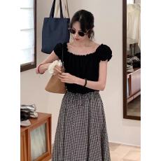 批发--字肩花边减龄小衫加复古花苞半身裙套装