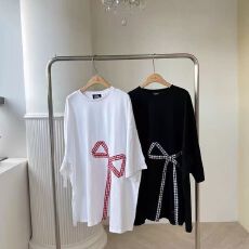 批发韩版格纹蝴蝶结开叉大版T恤