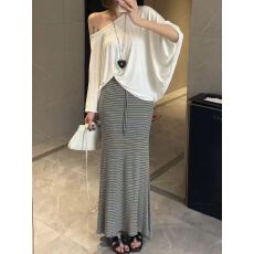 批发韩国慵懒蝙蝠袖上衣+性感条纹包臀半身裙