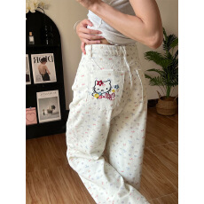 批发夏季设计感米白色kt猫卡通猫<b class='q'>碎花</b>牛仔<b class='q'>裤</b>女直筒高腰阔腿梧桐<b class='q'>裤</b>子