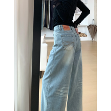 批发蓝色阔腿镰刀<b class='q'>牛仔</b>裤女春季新款高腰宽松显瘦设计感百搭拖地弯刀裤