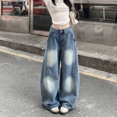 新款美式复古弯刀牛仔裤女秋季高腰宽松显瘦长裤直筒阔腿裤