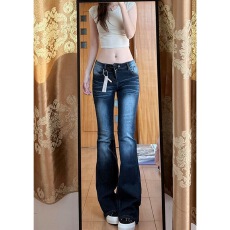 批发美式复古辣妹低腰微喇牛仔裤女<b class='q'>秋</b>季新款弹力修身显瘦拖地马蹄裤子