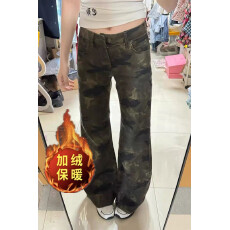 批发加绒加厚辣妹不贴腿喇叭裤2025<b class='q'>秋</b>冬新款垂感迷彩阔腿微喇牛仔裤