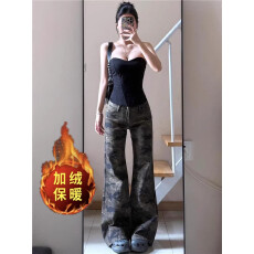 批发美式复古加绒加厚迷彩低腰微喇牛仔裤女不贴腿宽松垂感高阔腿裤子