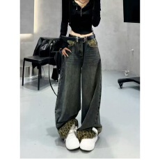 批发美式复古设计感豹纹翻边阔腿牛仔裤女新款高腰宽松显瘦拖地长<b class='q'>裤子</b>