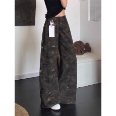 批发美式高街迷彩牛仔裤女2025<b class='q'>秋</b>季新款显瘦设计感直筒阔腿裤子