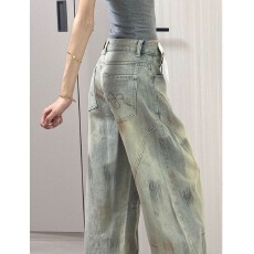 批发辣妹高街脏染美式复古旧脏染设计牛仔裤<b class='q'>秋</b>季宽松拖地阔腿直筒裤子