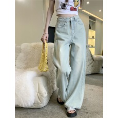 批发浅色休闲阔腿水洗<b class='q'>牛仔裤</b>男女夏新款高腰垂感显瘦直筒宽松拖地裤潮
