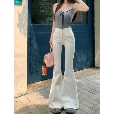 批发<b class='q'>韩版</b>ins修身白色微喇<b class='q'>牛仔裤</b><b class='q'>女</b>高腰小众时尚设计感显瘦弹力拖地裤