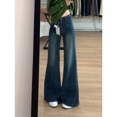 批发美式复古微喇牛仔裤女秋冬新款弹力遮肉显瘦拖地直筒<b class='q'>阔腿裤</b>