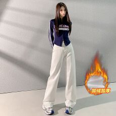 批发<b class='q'>白</b>色<b class='q'>裤子</b>加绒加厚窄版直筒牛仔裤女秋冬新款简约百搭显瘦长裤