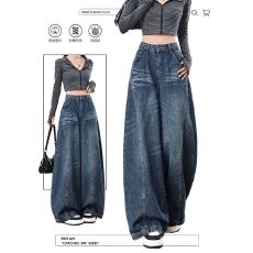 批发冬季新款宽松美式复古蓝弯刀阔腿<b class='q'>牛仔裤</b>女梨形<b class='q'>显瘦</b>直筒拖地裤