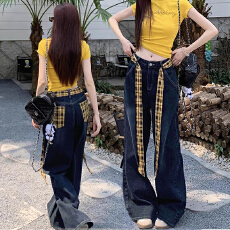 批发黑灰色格纹拼接阔腿<b class='q'>牛仔裤</b>女秋冬新款宽松<b class='q'>显瘦</b>高腰直筒拖地长裤潮