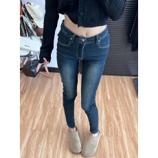 批发辣妹复古深蓝小脚裤<b class='q'>弹力</b>女设计感显瘦修身紧身九分<b class='q'>铅笔裤</b>