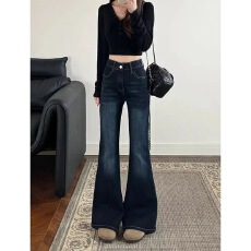 批发高腰复古设计感蓝色<b class='q'>弹力</b>微喇<b class='q'>牛仔裤</b>女春秋新款修身马蹄喇叭长裤