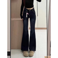 批发复古修身高腰微喇<b class='q'>牛仔裤</b>女辣妹高腰<b class='q'>弹力</b>显瘦拖地马蹄裤