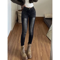 批发<b class='q'>弹力</b>黑灰做旧磨白辣妹铅笔牛仔裤女秋冬新款修身紧身小脚九分裤