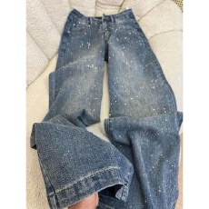 批发满天星爆闪烫钻2026年春夏高腰宽松直筒阔腿拖地<b class='q'>牛仔</b>裤女潮