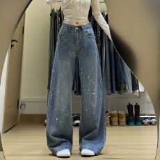 批发满天星烫钻牛仔裤女春夏新款韩版高腰宽松阔脚裤<b class='q'>休闲</b>直筒拖地<b class='q'>长裤</b>