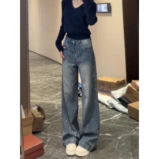 批发满天星烫钻阔腿<b class='q'>牛仔</b>裤女春季辣妹设计感时髦亮闪闪拖地裤潮