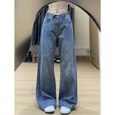 批发美式复古水洗烫钻直筒<b class='q'>牛仔</b>裤女2026新款高腰宽松显瘦阔腿拖地长裤