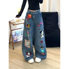批发美式趣味卡通贴布刺绣<b class='q'>牛仔</b>裤女2026春秋新款设计感宽松阔腿长裤潮