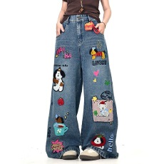 批发自制美式卡通贴布<b class='q'>牛仔</b>长裤男女同款秋刺绣印花阔腿直筒裤长裤