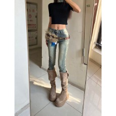 批发复古怀旧蓝低腰<b class='q'>牛仔</b>裤小个子修身显瘦辣妹百搭铅笔小脚九分裤子潮