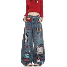 批发趣味卡通布贴<b class='q'>牛仔裤</b><b class='q'>女生</b>春季新款慵懒风垂感宽松休闲阔腿长裤