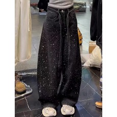 批发设计感满天星烫钻阔腿<b class='q'>牛仔裤</b><b class='q'>女</b>2026春季新款高腰宽松直筒拖地裤<b class='q'>女</b>