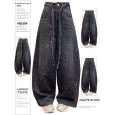 批发高腰重工烫钻阔腿<b class='q'>牛仔裤</b><b class='q'>女</b>2026年春季新款渐变显瘦垂感直筒拖地裤