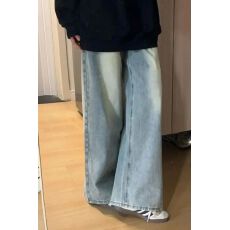 批发浅蓝色阔腿<b class='q'>牛仔裤</b>女高腰宽松显瘦直筒裤垂感拖地长裤ins