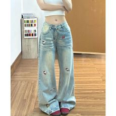 批发趣味卡通kitty猫刺绣牛仔裤女<b class='q'>夏</b>季高街宽松阔腿拖地裤